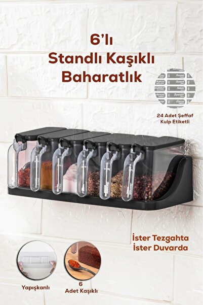 ego home 6-Piece Spice Rack Set with Stand, Self-Adhesive Lid and Spoon - Spice Rack Stand with Handle