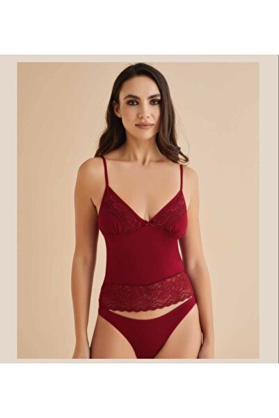 ROZELT Γυναικείο Σετ Μπορντό Δαντέλα Λεπτομερές Βαμβακερό Μπλουζάκι Καμισόλα