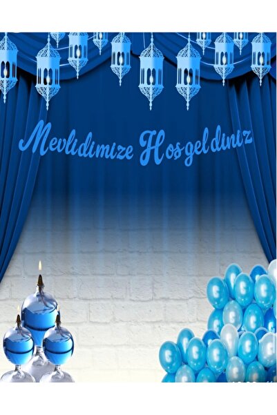 Deniz Party Store Mevlidimize Hoşgeldiniz Kaligrafi Yazı Mavi
