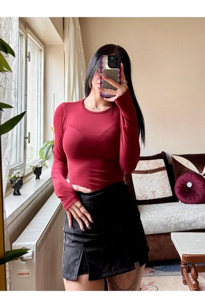 Genel Markalar Kadın Bordo Bisiklet Yaka Parmak Geçmeli Body PREMİUM kumaş kalitesi