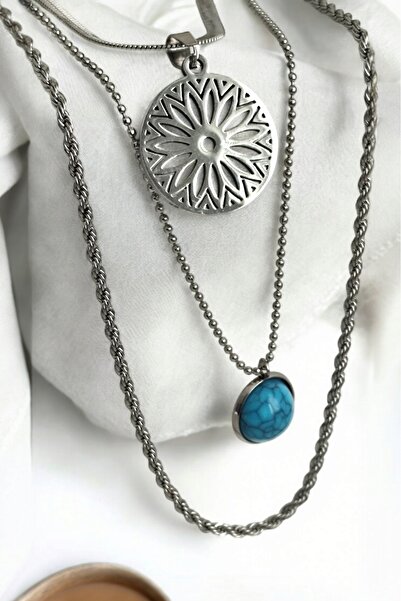 DİAVENTA TAKI VE AKSESUAR قلادة فضية اللون بثلاثة أطوال من الفولاذ