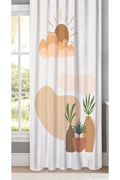 GREENDECOR Bohemian Vase Cloud Flower Sun Special Design Soft Digital Printed (Single Wing) Beige Ecru Modern Background Curtain