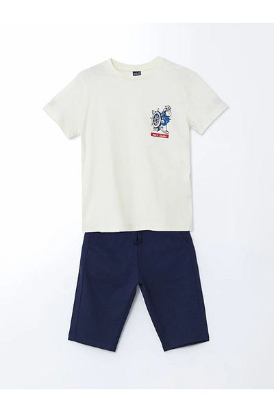 LC Waikiki Ecru Crew Neck Boys T-Shirt and Shorts