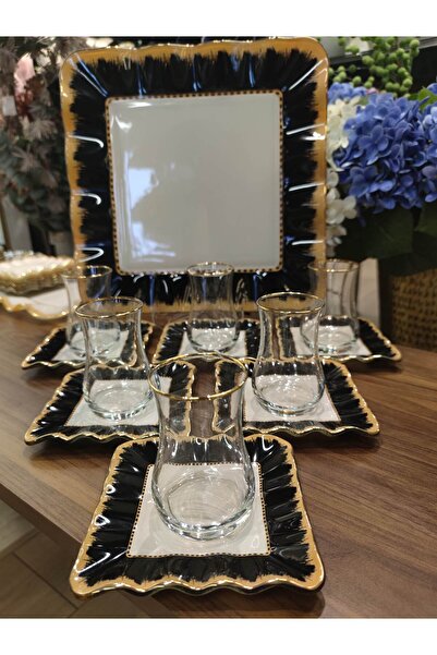 P&ORA PREMIUM KITCHEN PRODUCTS P&Ora New Square Black Plate Tee Set with 13 Pieces Tray