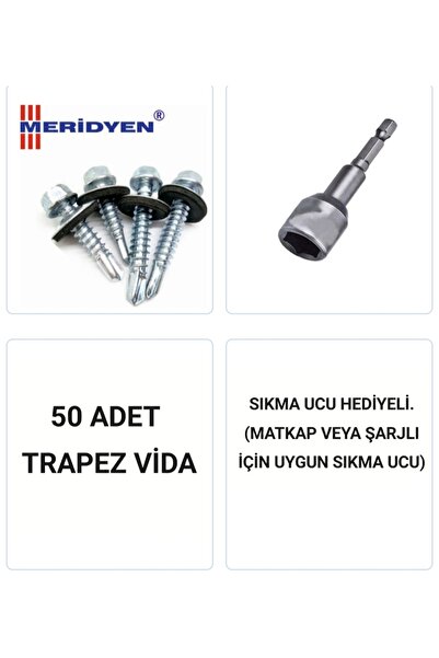 Meridyen Trapez Vidası 5,5 X 50 Mm. / Çatı Vidası / Akıllı Sac Vidası / ( 50 Adet ) Uç Hediyeli
