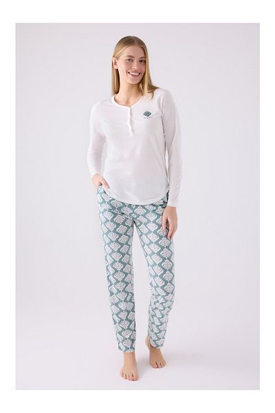 Pierre Cardin Set pijamale dublu cu licență pentru femei, culoare crem, cu nasturi, WVT.O.L.8E5T.