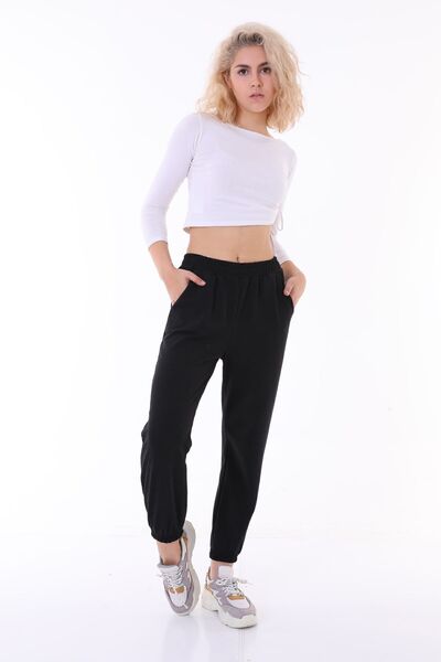 Trend Eşofman Μαύρο ψηλόμεσο εποχιακό παντελόνι jogger με ελαστικά μανσέτες σ...