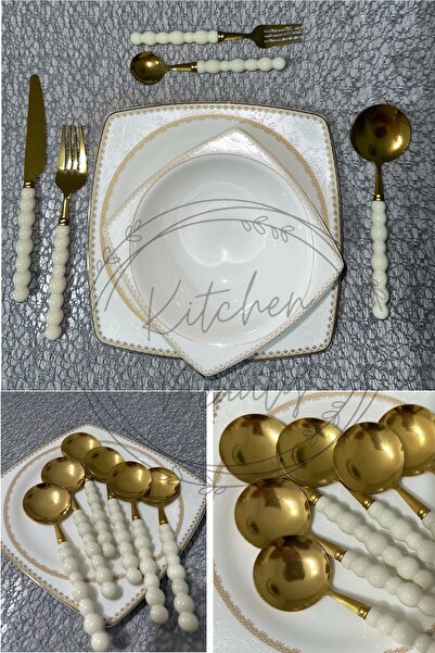 Kitchen Beauty 6 Adet Beyaz Plastik İnci Taş Detaylı Gold Yemek Kaşığı Takımı...