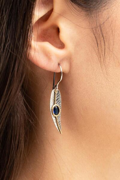 Sümer Telkari Safir Taşlı Defne Yaprağı Elişi Gümüş Küpe 7226