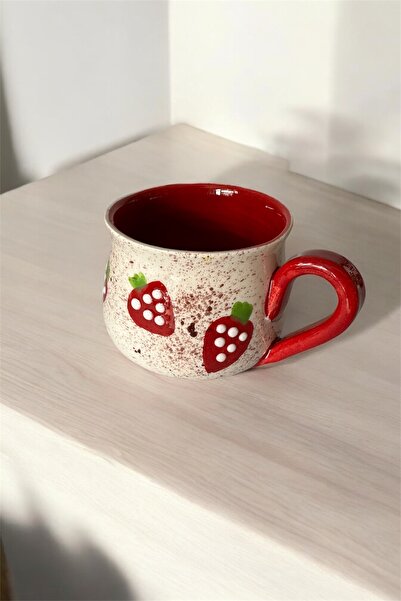 Home Çilek Desenli Kupa Bardak El İşlemesi Duble Kahve Fincanı Kırmızı Mug