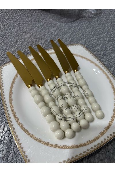 Kitchen Beauty طقم سكاكين ذهبي بتفاصيل حجر اللؤلؤ البلاستيكي الأبيض مكون من 6 قطع |   طقم سكاكين فاخر مكون من 6 قطع