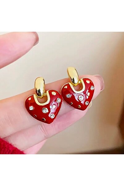 Store Kadın küpe kırmızı kalp üzeri taşlı çivi küpe sevgililer günü hediyesi