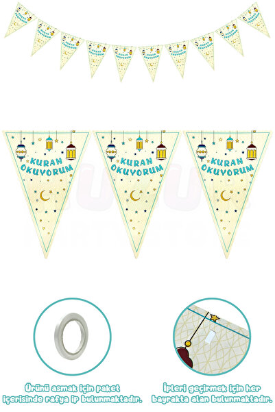 Huzur Party Store Kuran Okuyurum Yazılı Flama Süs 170 Cm Dini İslami Süsü Kurana Geçtim Partisi Süslemesi Üçgen Bayrak