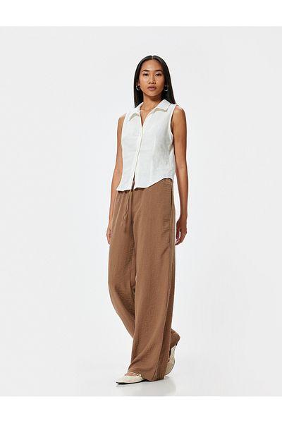 Koton Wide Leg Muslin Trousers with Pockets and Ties - Loose Fit