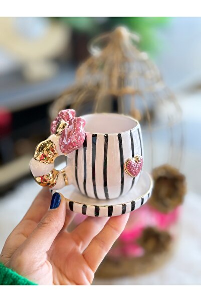 Pernotte El Yapımı 24 KAltın Kaplama koyu pembe Türk Kahvesi Fincanı