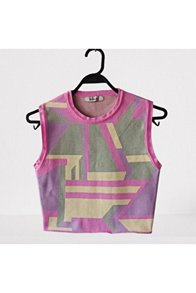Namaste Vintage Bisiklet yakalı kolsuz desenli crop bluz