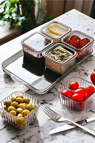 YeslinaCandle Acrylic Breakfast and Storage Set with Presentation Tray, Smoked, Lid 13 Pieces 6 Compartments