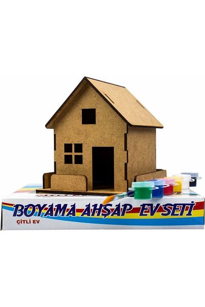 Emin İş Eğitimi Wooden Painting House Set with Fence 6 Colors Paint and Brush