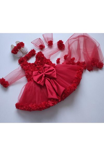 GOLD TEKSTİL Red Baby Girl Dress 6 Months Henna Dress Set Mevlit Wedding Birthday Special Occasion Dresses