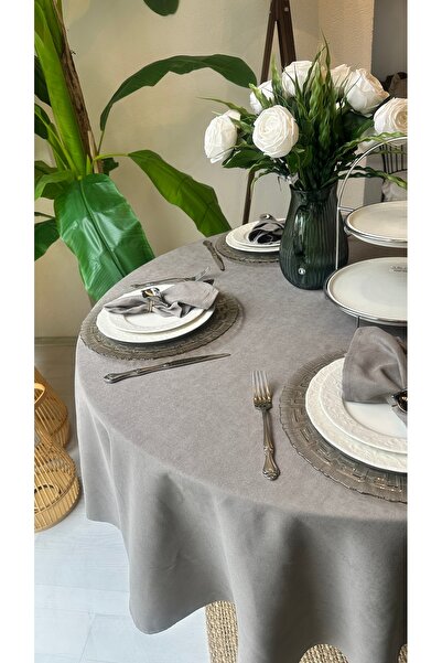 Decamor home Velvet Textured, Stain-Resistant Gray Round Tablecloth (Napkin Not Included)