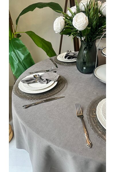 Decamor home Velvet Textured, Stain-Resistant Gray Round Tablecloth (Napkin Not Included)