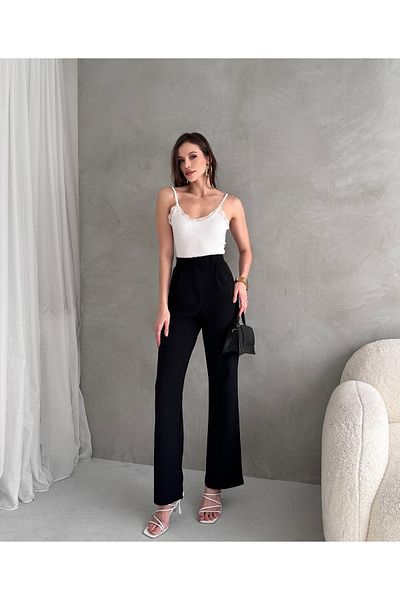 GLR BUTİK Black High Waist Lycra Palazzo Pants – Women'S, Velcro Closure, Two Pockets, Relaxed Fit