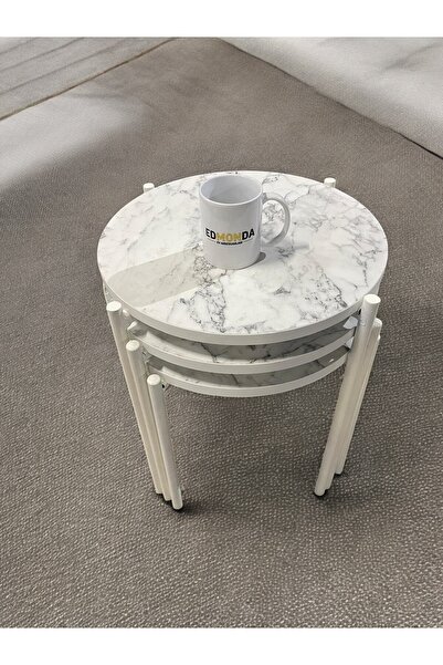 EDMONDA EV AKSESUAR ASYA ZİGON SEHPA 3LÜ SERVİS SEHPASI BEYAZ METAL AYAK