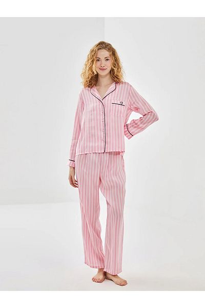LC Waikiki LCW DREAM - Σετ γυναικεία πιτζάμες ροζ ριγέ σατέν πουκάμισο γιακά TT