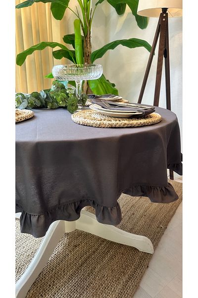Decamor home Stain-Proof Laceless Fabric Water Repellent Gray Dark Smoked Ruffled Round Tablecloth