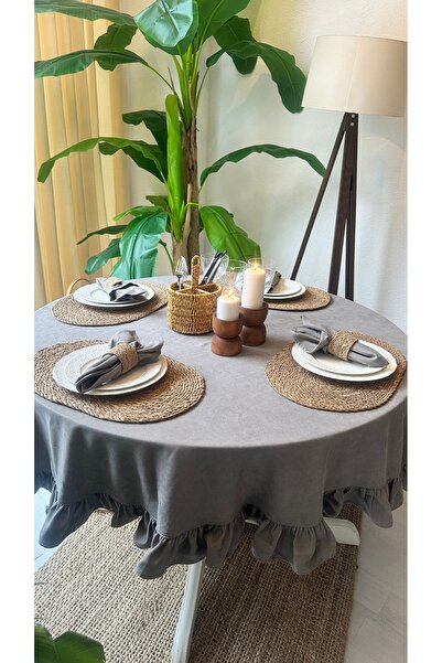 Decamor home Velvet Textured Stain-Resistant Gray Ruffled Round Tablecloth (Napkin Not Included)