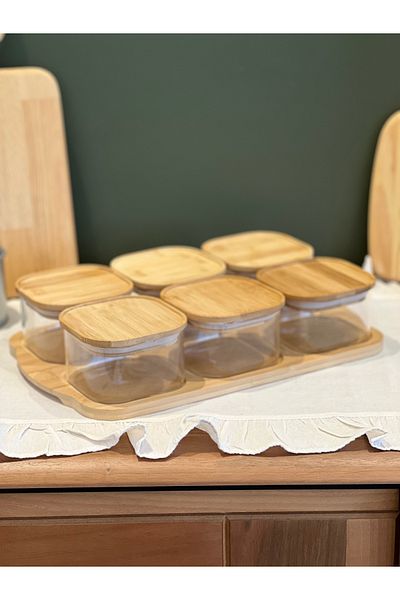 Sade Hediye Square Glass Breakfast Set with 6 Bamboo Trays