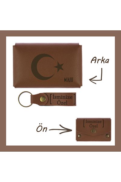 Miaju Coffee Color, Crescent and Star Pattern, Name-Customized, Wallet and Keychain Set, Friendly Gift Memorabilia