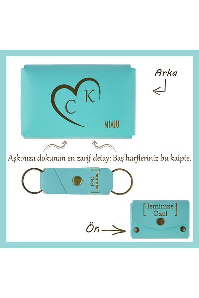 Miaju Special Gift for Valentine's Day - Turquoise Double Heart and Letter Embroidered Wallet and Keychain Set