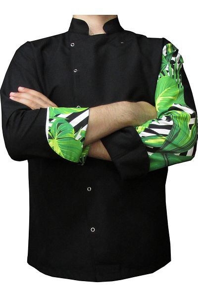 Ant Rotagrup Üniforma ve İş Elbiseleri Unisex Cook Jacket - Print, Snap Fastener, Black Long Sleeve, Chef Kitchen Jacket Green Leaf