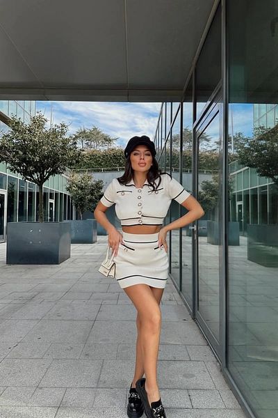 miratriko Polo Neck Crop Mini Skirt - Pearl Buttoned Knitwear Set