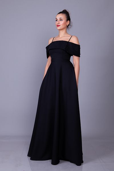 NO48 Pearl Detail Boat Neck Strap Maxi Length Evening Dress