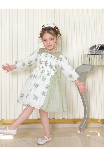 TREEMASS Girl's dress, Tulle printed with flowers and Pearls