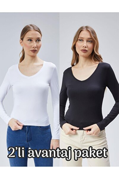 Virago Set bluză/body cu mânecă lungă cu decolteu în V - Soft Touch (1 NEGRU ...