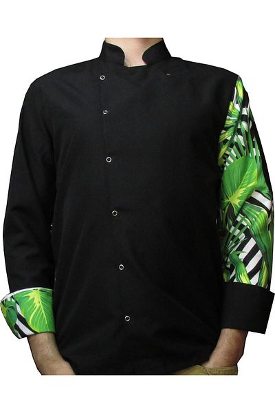 Ant Rotagrup Üniforma ve İş Elbiseleri Unisex Cook Jacket - Print, Snap Fastener, Black Long Sleeve, Chef Kitchen Jacket Green Leaf