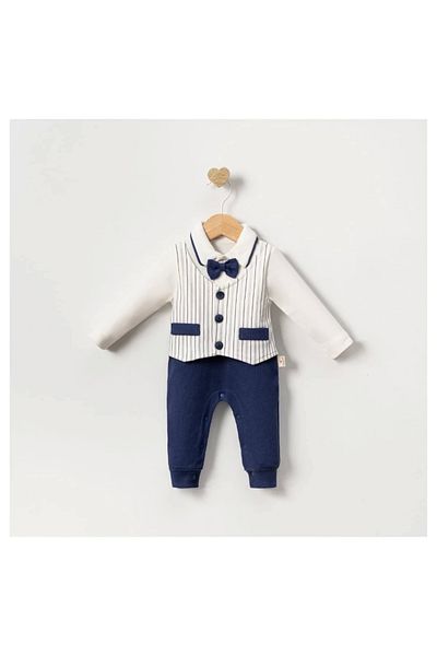 tammarket Blue Striped Bow Tie Romper for Baby Boy