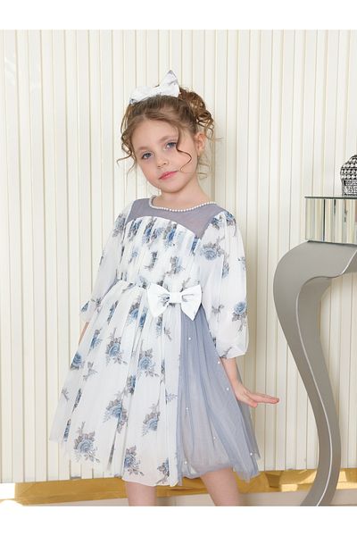 TREEMASS Girl's dress, Tulle printed with flowers and Pearls