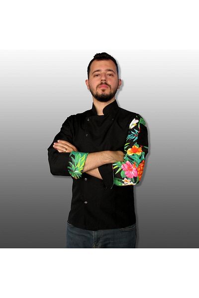 Ant Rotagrup Üniforma ve İş Elbiseleri Cook Jacket Patterned Unisex Snap Fastener Black Long Sleeve Chef Cook Kitchen Jacket