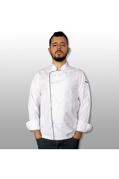 Ant Rotagrup Üniforma ve İş Elbiseleri Chef Jacket Black Piping Unisex Snap Fastener White Long Sleeve Chef Cook Kitchen Jacket