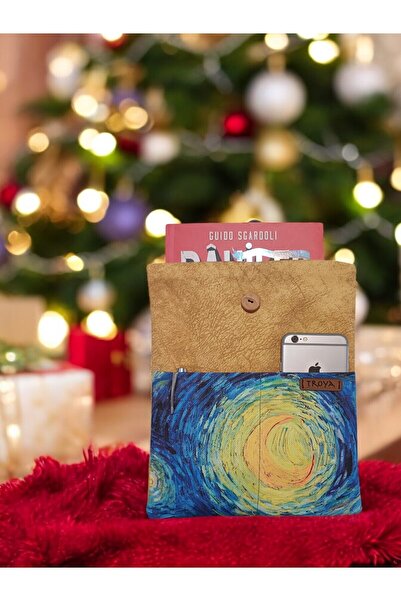 Troya Design Kitap / Tablet / E-book Reader Kılıfı - Van Gogh Yıldızlı Gece / Altin Renk
