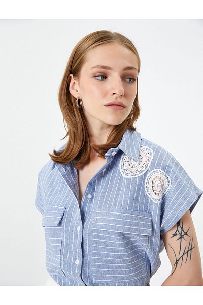 Koton Linen Shirt with Crochet Detail, Flap Pocket, Buttons