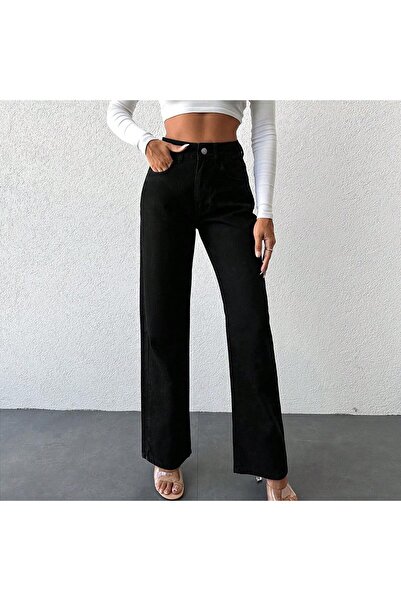 Noxter Pantaloni negri drepti Palazzo cu talie înaltă de damă