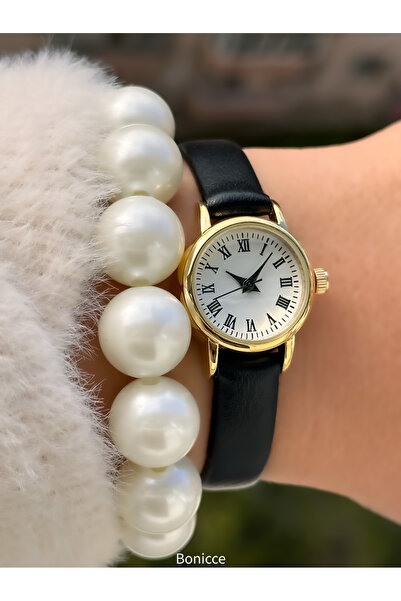 Bonicce Black Leather Band in Gift Box, Minimal Case, Women's Roman Numeral Wristwatch Pearl Bracelet