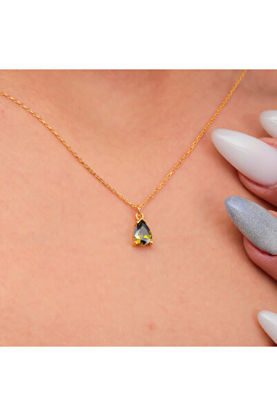 GOWA DESIGN Peridot Kolye 925 Ayar Gümüş, Altın Kaplama Damla Kesim Peridot K...