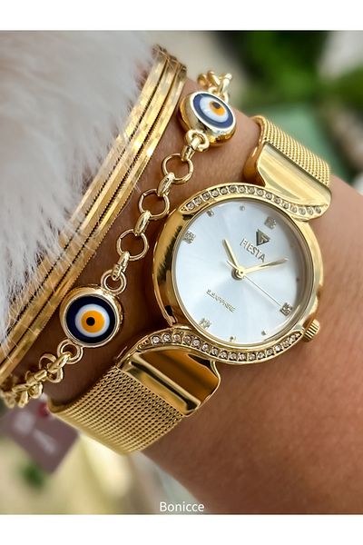 Fiesta Luxury Straw Cord - Gold Colored VIP 3 ATM Wristwatch and Evil Eye Beaded Bracelet