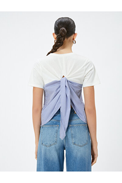 Koton Μπλουζάκι με κοντό μανίκι με ριγέ με λαιμόκοψη - Λεπτομέρεια με κόμπο στην πλάτη